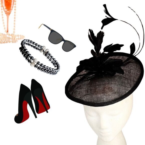 Sinamay Black Fascinator with Feathers Wedding , Elegant Party, Ballroom Costume - Picture 1 of 4